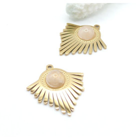 Pendentif Forme Éventail Art Déco avec Quartz Rose 27 mm – Acier Inoxydable – Doré