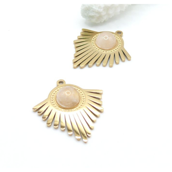 Pendentif Forme Éventail Art Déco avec Quartz Rose 27 mm – Acier Inoxydable – Doré