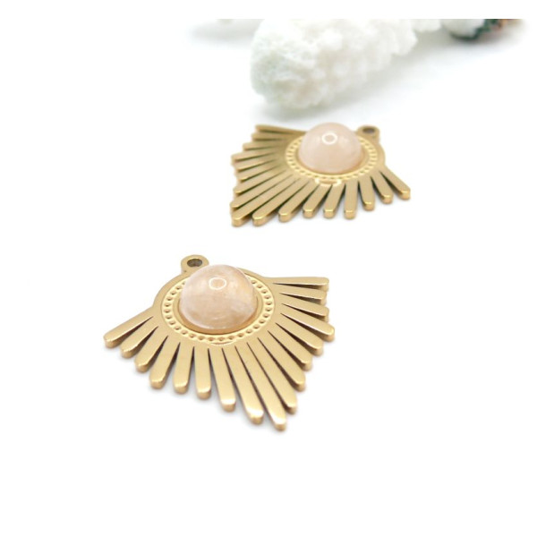 Pendentif Forme Éventail Art Déco avec Quartz Rose 27 mm – Acier Inoxydable – Doré