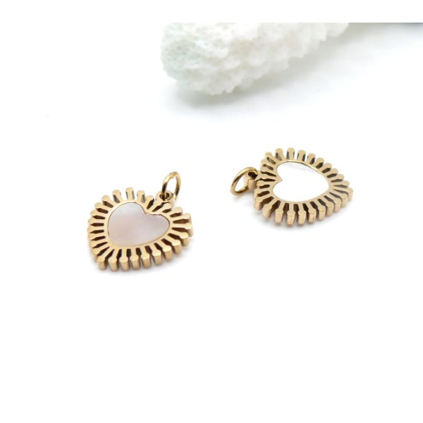 Pendentif Cœur avec Anneau et Nacre 12 mm – Acier Inox 316 – Doré à l’Or fin 14K