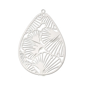 Estampes Pendentifs Goutte avec Feuille de Ginkgo 45 mm – Acier Inoxydable – Argenté