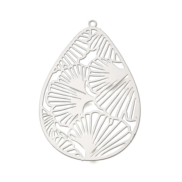 Estampes Pendentifs Goutte avec Feuille de Ginkgo 45 mm – Acier Inoxydable – Argenté