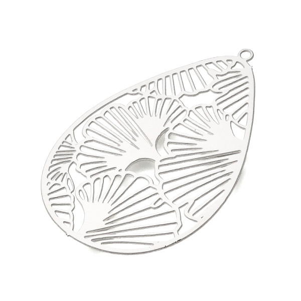 Estampes Pendentifs Goutte avec Feuille de Ginkgo 45 mm – Acier Inoxydable – Argenté
