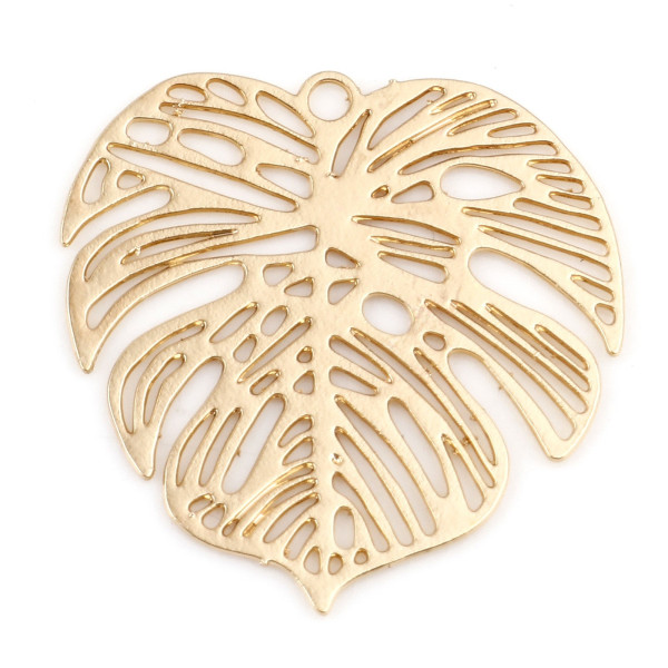 Estampes Pendentifs Filigrane Feuille Exotique, Monstera 32mm – Laiton Doré