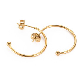 Boucles d’Oreilles Puces Créoles 24 mm avec Bille 2 mm – Acier Inox 304 – Doré à l’Or fin 14K