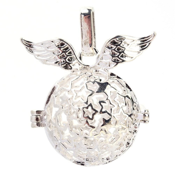 Pendentif Cage Bola avec Aile d'Ange & Étoiles Argent VIF pour Perle 16mm