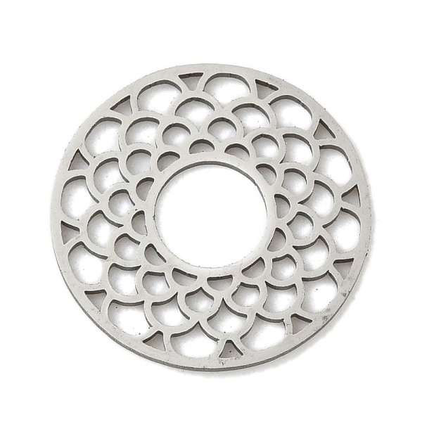 Pendentif Connecteur Cercle avec Écaille Style Zen 20.5 mm – Acier Inoxydable – Argenté