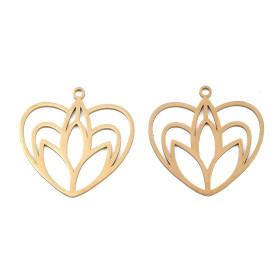 Pendentif Fleur de Lotus dans Cœur 23 mm – Acier Inoxydable – Doré