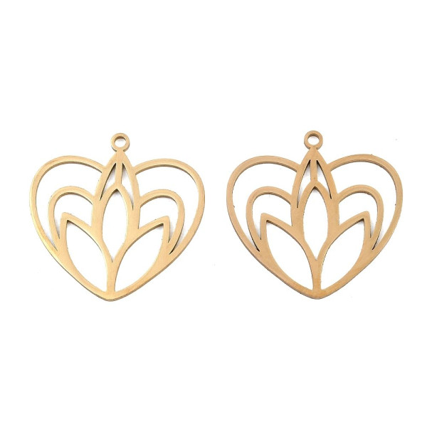 Pendentif Fleur de Lotus dans Cœur 23 mm – Acier Inoxydable – Doré