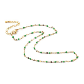 Collier Court Choker 40 cm – Maille Grain de Café, Résine Émaillée Verte – Acier Inoxydable 304 Doré