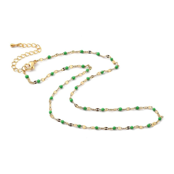 Collier Court Choker 40 cm – Maille Grain de Café, Résine Émaillée Verte – Acier Inoxydable 304 Doré