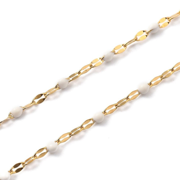 Collier Court Choker 40 cm – Maille Grain de Café, Résine Émaillée Blanche – Acier Inoxydable 304 Doré