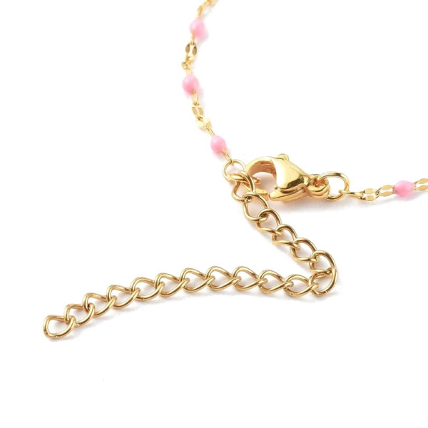 H11JB0095201 – Lot de 1 Bracelet Ajustable avec Chaîne d’Extension, Maille Grain de café 2 mm, Résine Rose – Acier Inox 304 Doré