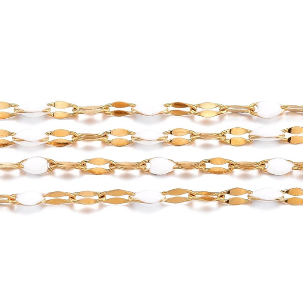 Chaîne Maille Navette avec Résine Émaillée Blanc  – Acier Inoxydable 304 Doré IONIQUE