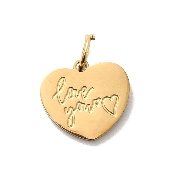 Pendentif Coeur " LOVE YOU" avec Anneau d’Attache 13 mm – Acier Inoxydable 304 Doré