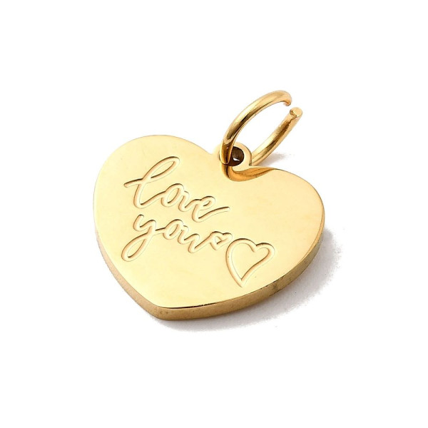 Pendentif Coeur " LOVE YOU" avec Anneau d’Attache 13 mm – Acier Inoxydable 304 Doré