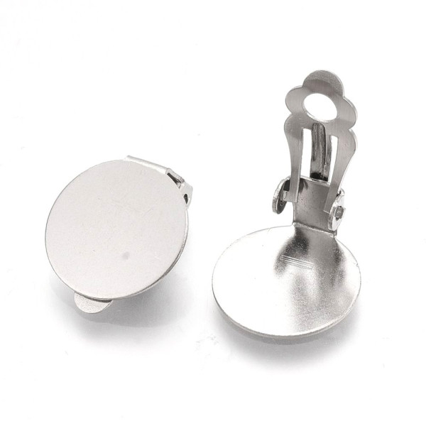 Supports de boucles d’oreilles clips – Plateau lisse 14 mm – Acier inoxydable finition argentée