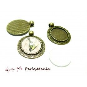 Pendentifs Feuille Art Déco 18mm Bronze + 5 Cabochons Verre 18mm