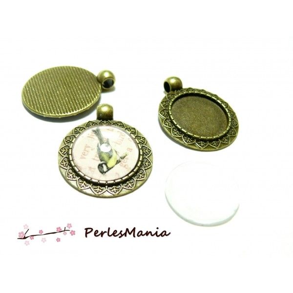 Pendentifs Feuille Art Déco 18mm Bronze + 5 Cabochons Verre 18mm