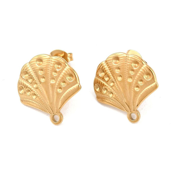 Boucles d’Oreilles Puces Coquillage avec anneau d’ attache 17 mm et embouts – Acier Inoxydable 304 Doré, Placage IONIQUE (IP)