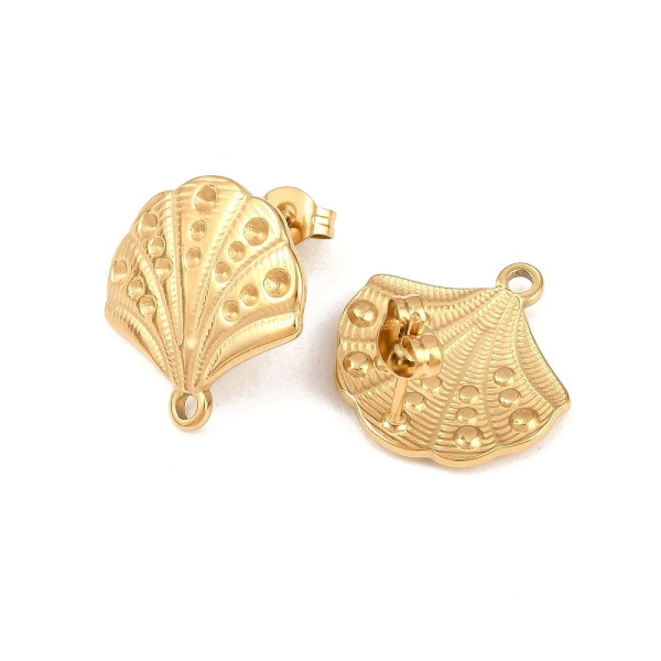 Boucles d’Oreilles Puces Coquillage avec anneau d’ attache 17 mm et embouts – Acier Inoxydable 304 Doré, Placage IONIQUE (IP)