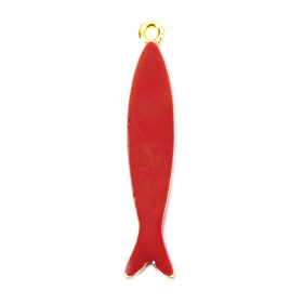 Pendentifs Résine Émaillée Long Poisson ROUGE 38mm, Métal Doré
