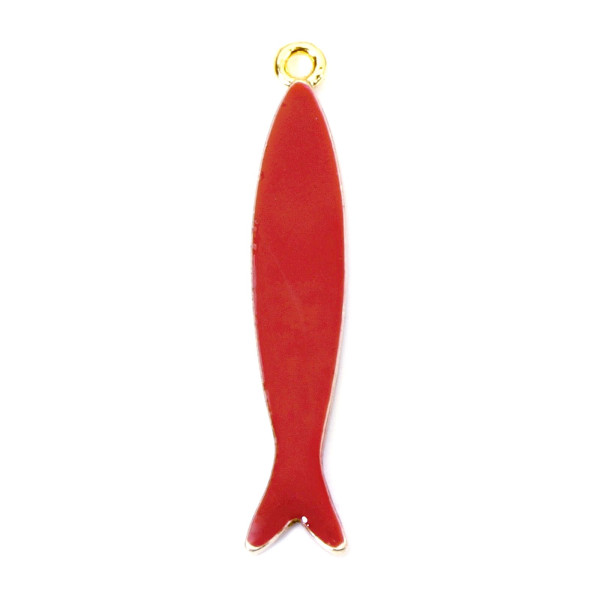 Pendentifs Résine Émaillée Long Poisson ROUGE 38mm, Métal Doré