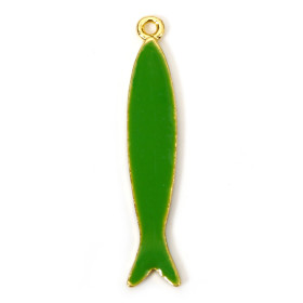 Pendentifs Résine Émaillée Long Poisson VERT 38mm, Métal Doré