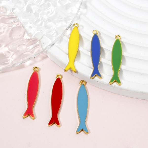 Pendentifs Résine Émaillée Long Poisson BLEU 38mm, Métal Doré