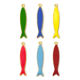Pendentifs Résine Émaillée Long Poisson JAUNE 38mm, Métal Doré