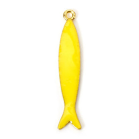 Pendentifs Résine Émaillée Long Poisson JAUNE 38mm, Métal Doré