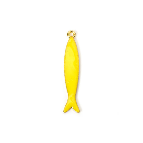Pendentifs Résine Émaillée Long Poisson JAUNE 38mm, Métal Doré