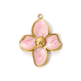 PS11953756 – Lot de 1 Pendentif Fleur Exotique ROSE 32 mm – Acier Inox 304 Doré à l'Or Fin 18K – Placage PVD