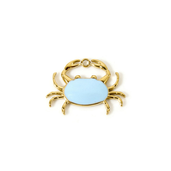 Pendentif Crabe 20 mm avec résine émaillée BLEU Clair – Acier Inoxydable 304 Doré à l’or fin 14K, PVD