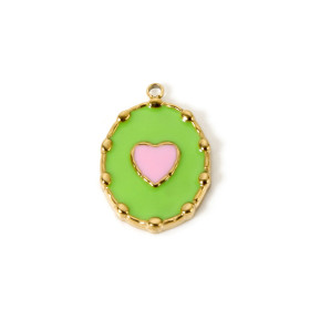 Pendentif Médaillon Rétro avec Cœur 21 mm – Résine Émaillée Vert Flashy – Acier Inox 304 Doré à l'Or Fin 14K – Placage PVD