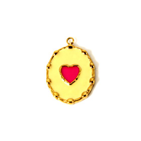 Pendentif Médaillon Rétro avec Cœur 21 mm – Résine Émaillée JAUNE Flashy – Acier Inox 304 Doré à l'Or Fin 14K – Placage PVD