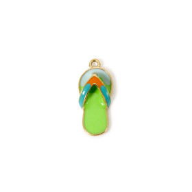 Pendentif Sandale, Tong 19 mm – Résine Émaillée VERT Flashy – Acier Inox 304 Doré à l'Or Fin 14K – Placage PVD