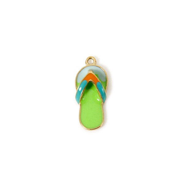 Pendentif Sandale, Tong 19 mm – Résine Émaillée VERT Flashy – Acier Inox 304 Doré à l'Or Fin 14K – Placage PVD
