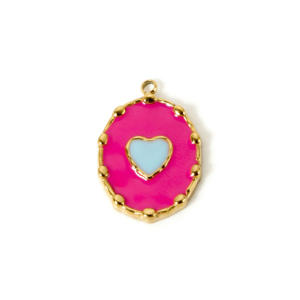 Pendentif Médaillon Rétro avec Cœur 21 mm – Résine Émaillée ROSE Flashy – Acier Inox 304 Doré à l'Or Fin 14K – Placage PVD