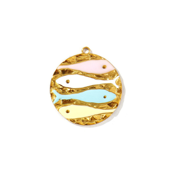 Pendentif Médaillon Rond Martelé avec Poisson en Résine Émaillée 24 mm – Acier Inox 304 Doré à l'Or Fin 18K – Placage PVD