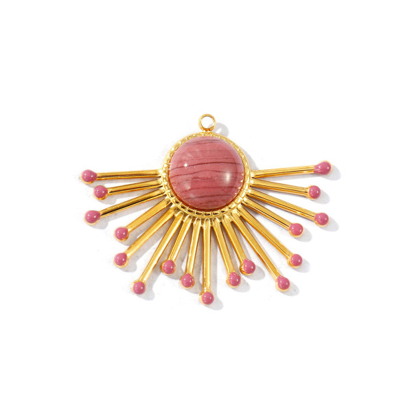 Pendentif Demi-Cercle Soleil en Résine Émaillée 40 mm – Acier Inox 304 Doré à l'Or Fin 18K – Placage PVD