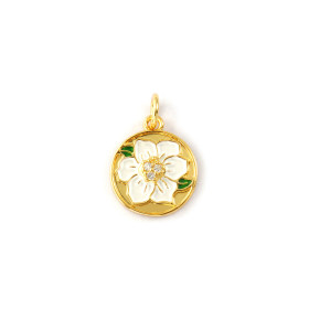 Pendentif avec Anneau Fleur en Résine Émaillée 12 mm – Laiton Doré à l'Or Fin 18K