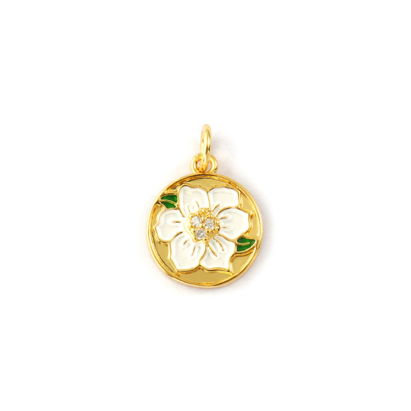 Pendentif avec Anneau Fleur en Résine Émaillée 12 mm – Laiton Doré à l'Or Fin 18K