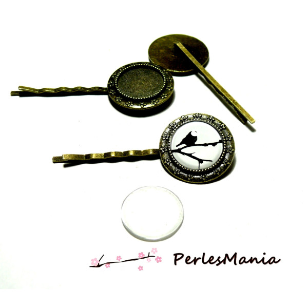 Supports de Barrettes Bob Pin Bronze Arty Fleur  et 4 Cabochons Verre 18mm