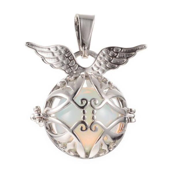 Pendentif Cage Bola de Grossesse Aile d'Ange avec Perle d'Opalite – Laiton – Finition Argentée