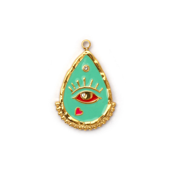Pendentif Goutte Œil de Protection en Résine Émaillée 27 mm – Laiton Doré à l'Or Fin 18K – Placage IONIQUE (IP)