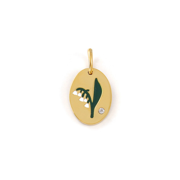 Pendentif Charm Médaillon Ovale Fleur de Naissance MAI 14 mm – Acier Inox 304 Doré à l'Or Fin 18K – Placage PVD IONIQUE (IP)