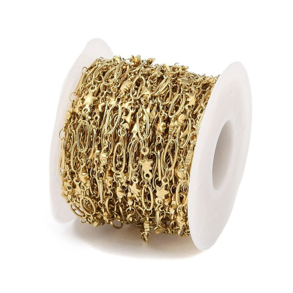 Chaîne Maille Fantaisie Ovale et Étoile 10 mm – Acier Inox 304 Doré – Placage PVD IONIQUE (IP)