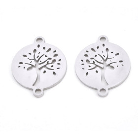 Pendentifs, Charms, Connecteur Médaillon Arbre 15 mm – Acier Inox Argenté