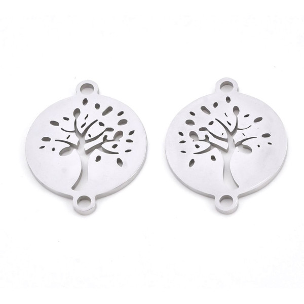 Pendentifs, Charms, Connecteur Médaillon Arbre 15 mm – Acier Inox Argenté